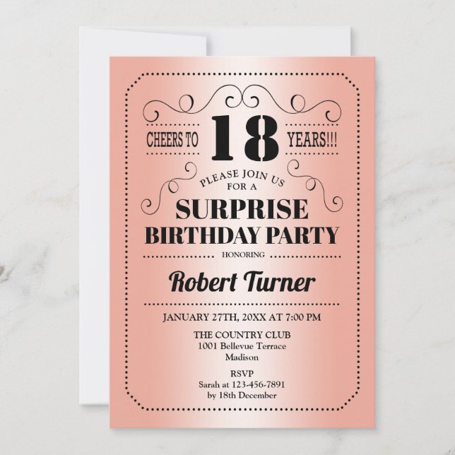 Invitation Surprise 18e anniversaire - Rose Gold Black (Devant)