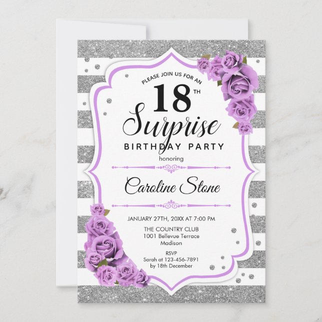 Invitation Surprise 18e anniversaire - Silver White Purple (Devant)
