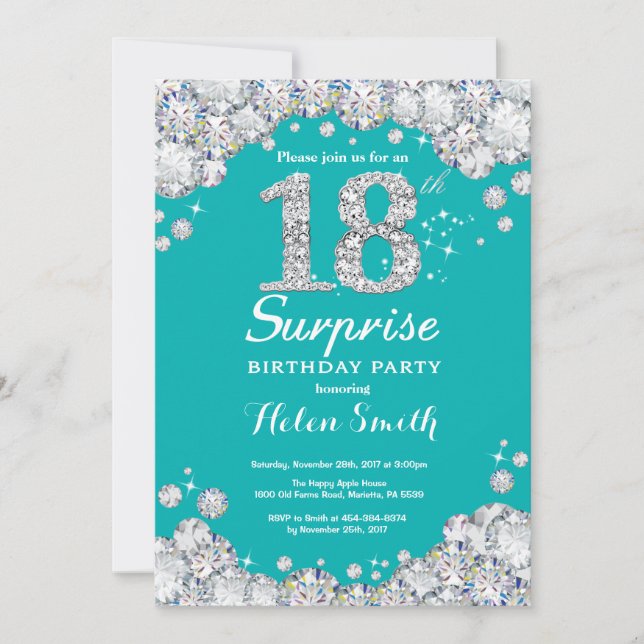 Invitation Surprise 18e anniversaire Turquoise et Silver Diam (Devant)