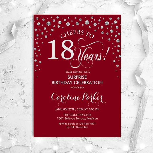 Invitation Surprise 18e fête d'anniversaire - Argent rouge (Créateur téléchargé)
