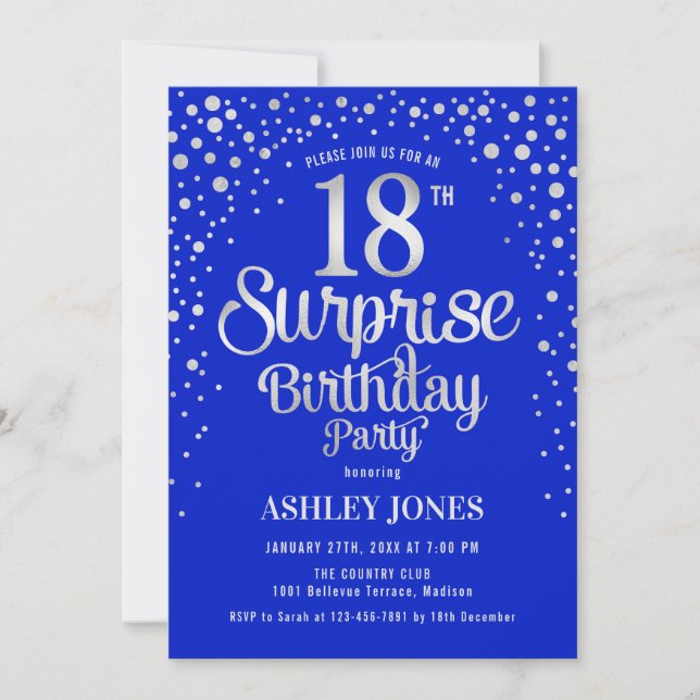 Invitation Surprise 18e fête d'anniversaire - Argent & Royal  (Devant)