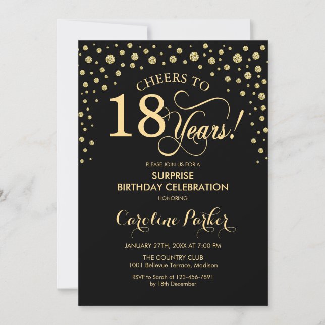 Invitation Surprise 18e fête d'anniversaire - Gold Black (Devant)
