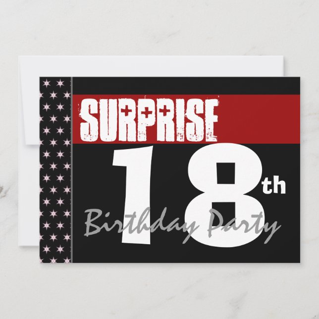 Invitation Surprise 18e fête d'anniversaire Moderne Noir et R (Devant)