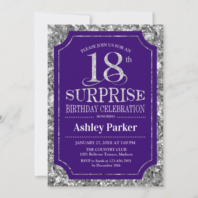 Invitation Surprise 18e fête d'anniversaire - Silver Purple (Devant)