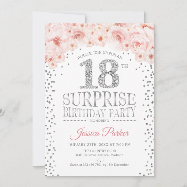 Invitation Surprise 18e fête d'anniversaire - White Gold Pink (Devant)