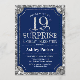 Invitation Surprise 19e fête d'anniversaire - Silver Navy Blu
