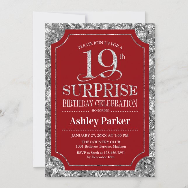 Invitation Surprise 19e fête d'anniversaire - Silver Red (Devant)
