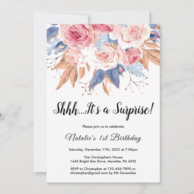 Invitation Surprise 1er anniversaire Aquarelle Botanique Flor (Devant)
