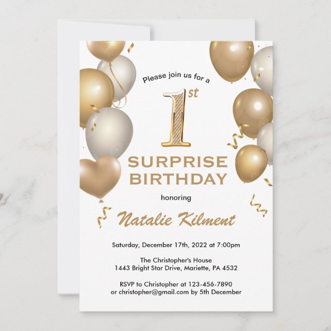 Invitation Surprise 1er anniversaire Ballons blanc et or (Devant)