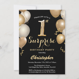 Invitation Surprise 1er anniversaire Ballons noir et or