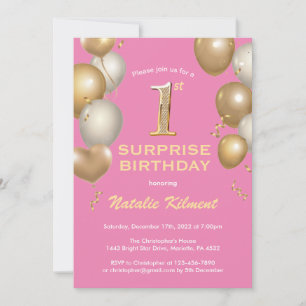 Invitation Surprise 1er anniversaire Ballons rose et or