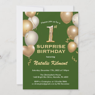 Invitation Surprise 1er anniversaire Ballons verts et or