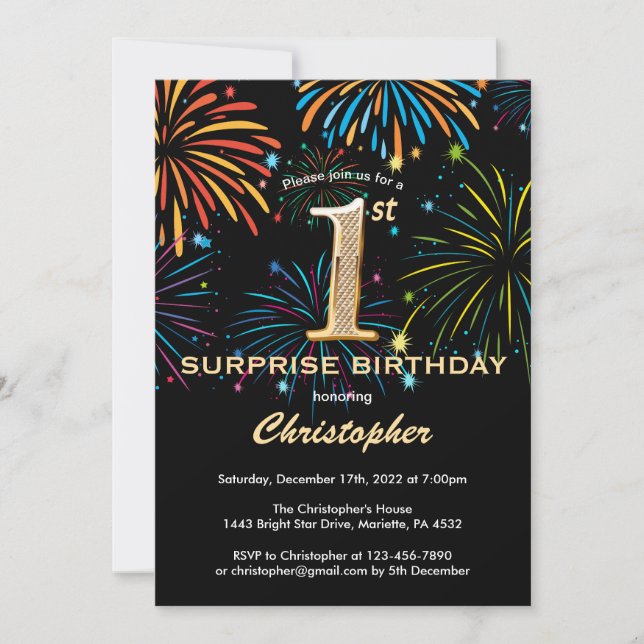 Invitation Surprise 1er anniversaire Black Gold Rainbow Firew (Devant)