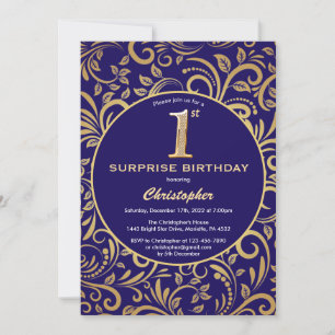 Invitation Surprise 1er anniversaire Marine bleu et or floral