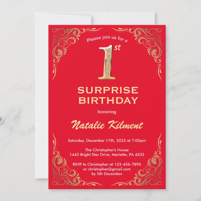Invitation Surprise 1er Anniversaire Parties scintillant roug (Devant)