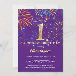 Invitation Surprise 1er anniversaire Purple and Gold Firework