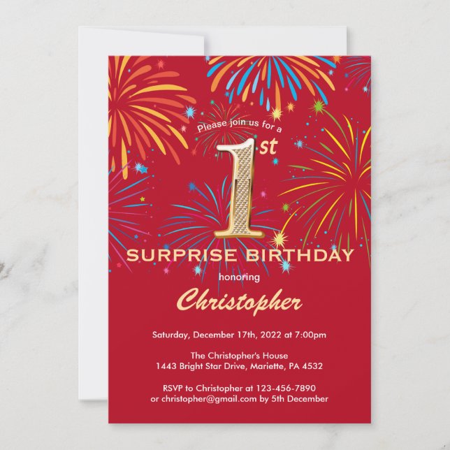 Invitation Surprise 1er Anniversaire Rouge & Or Rainbow Firew (Devant)