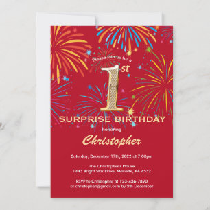 Invitation Surprise 1er Anniversaire Rouge & Or Rainbow Firew