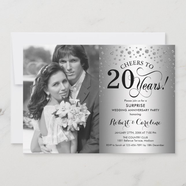 Invitation Surprise 20e anniversaire avec photo argent noir (Devant)