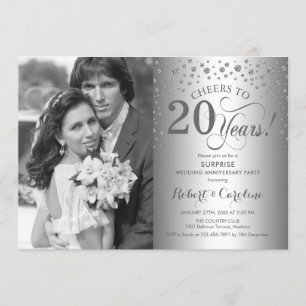Invitation Surprise 20e Anniversaire avec Photo Argent Noir