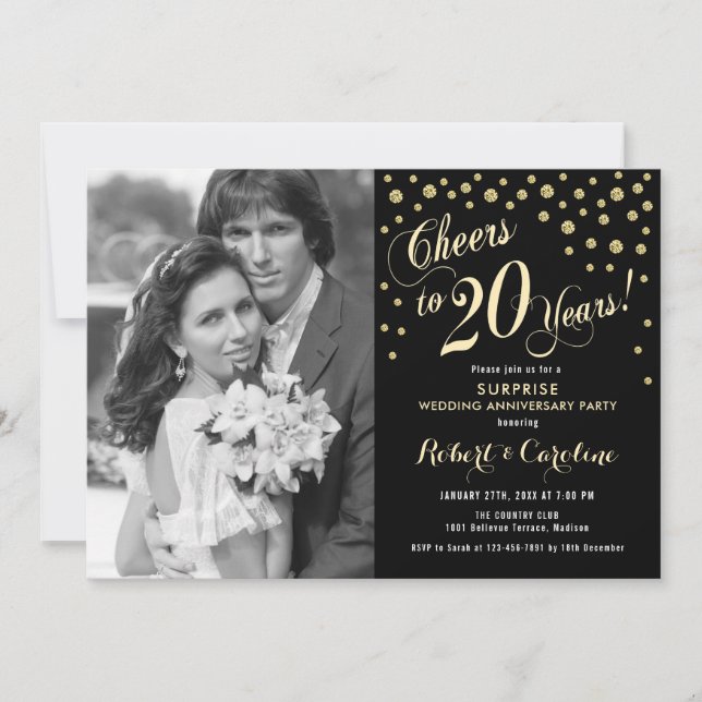 Invitation Surprise 20e anniversaire avec photo - Or Noir (Devant)