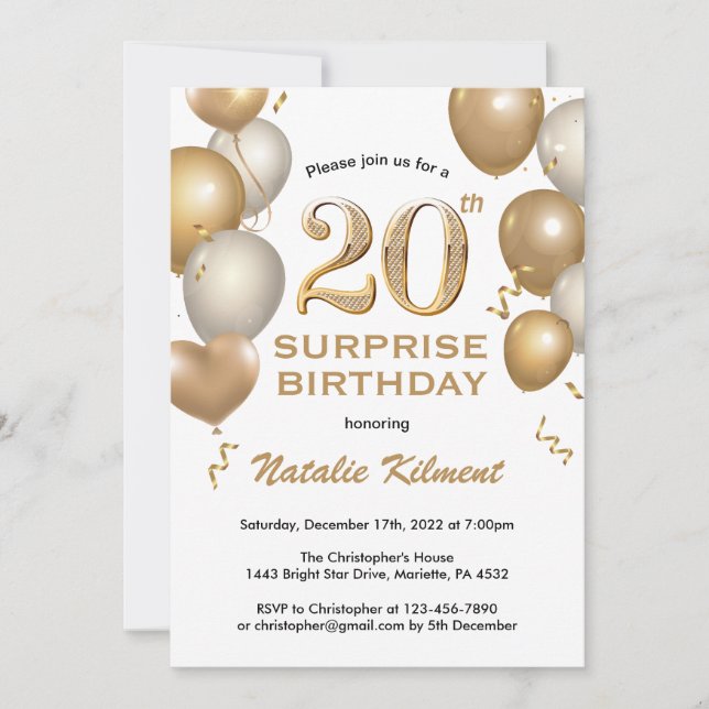 Invitation Surprise 20e anniversaire Ballons blanc et or (Devant)