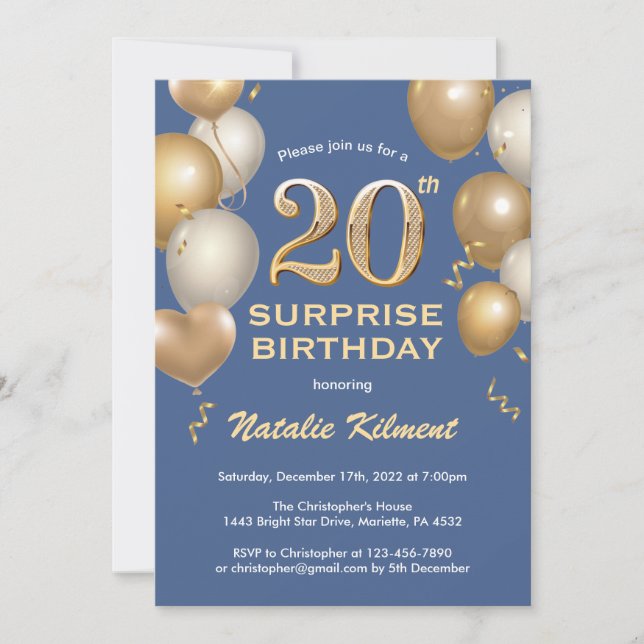 Invitation Surprise 20e anniversaire Ballons bleu et or (Devant)