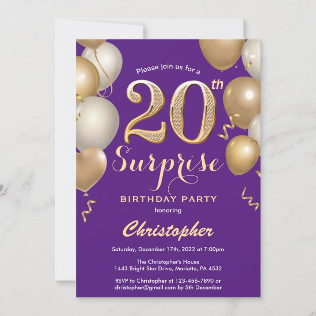 Invitation Surprise 20e anniversaire Ballons violet et or (Devant)