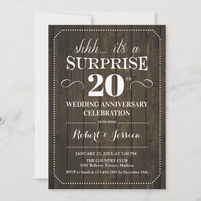 Invitation Surprise 20e anniversaire de mariage - Bois rustiq (Devant)