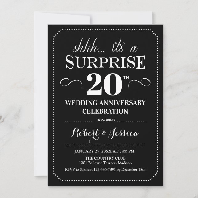 Invitation Surprise 20e anniversaire de mariage - Noir Blanc (Devant)