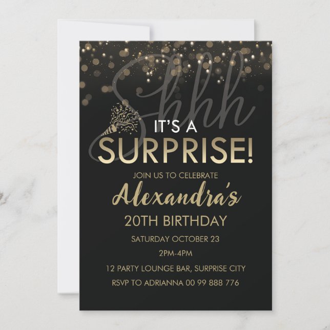 Invitation Surprise 20e anniversaire fête Black Gold pour les (Devant)