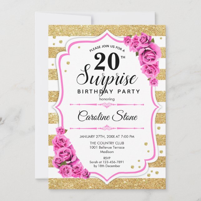 Invitation Surprise 20e anniversaire - Gold White Rose (Devant)