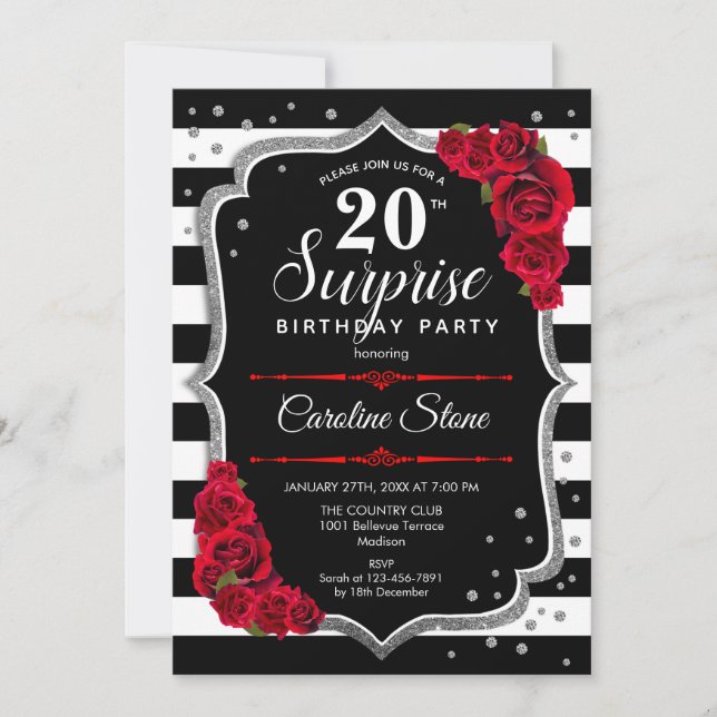 Invitation Surprise 20e anniversaire - Noir Blanc Rouge (Devant)