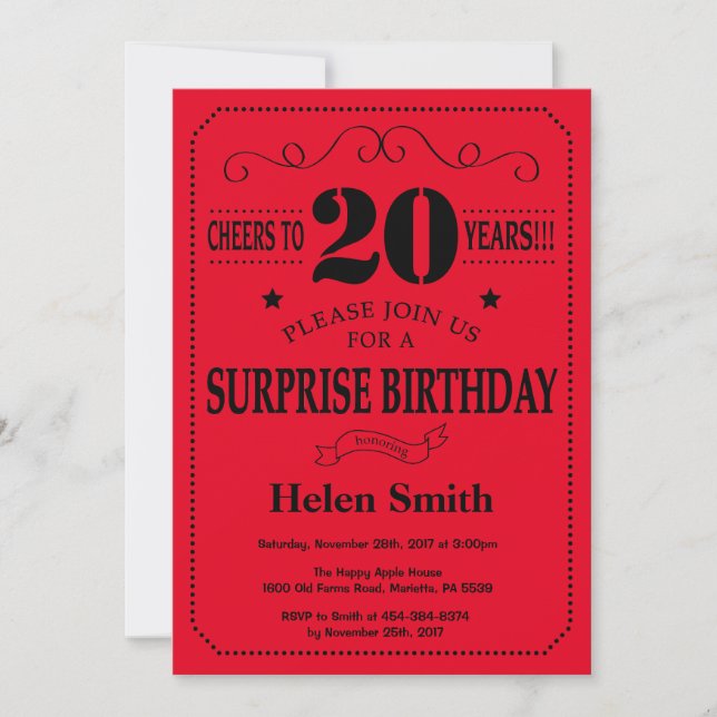 Invitation surprise 20e anniversaire Noir et Rouge (Devant)