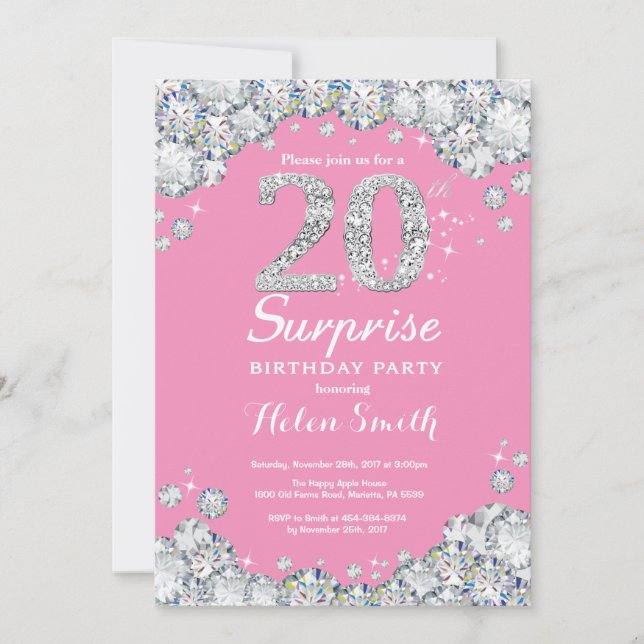 Invitation Surprise 20e anniversaire PInk et Silver Diamond (Devant)
