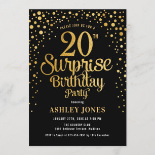 Invitation Surprise 20e fête d'anniversaire - Black & Gold