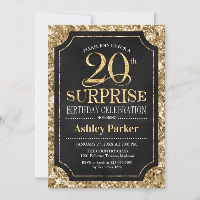 Invitation Surprise 20e fête d'anniversaire - Gold Black (Devant)