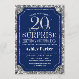 Invitation Surprise 20e fête d'anniversaire - Silver Navy Blu