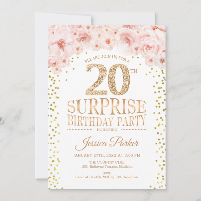 Invitation Surprise 20e fête d'anniversaire - White Gold Pink (Devant)
