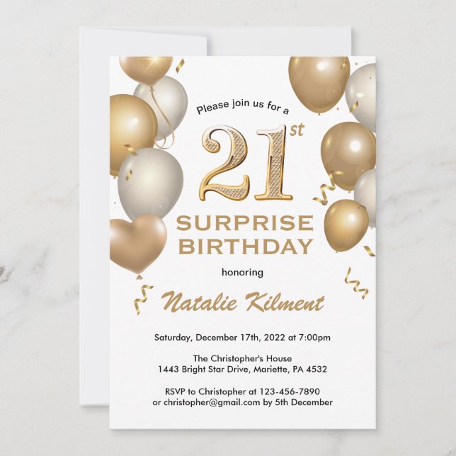 Invitation Surprise 21e anniversaire Ballons blancs et or (Devant)