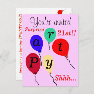 Invitation Surprise 21e anniversaire Ballons rose