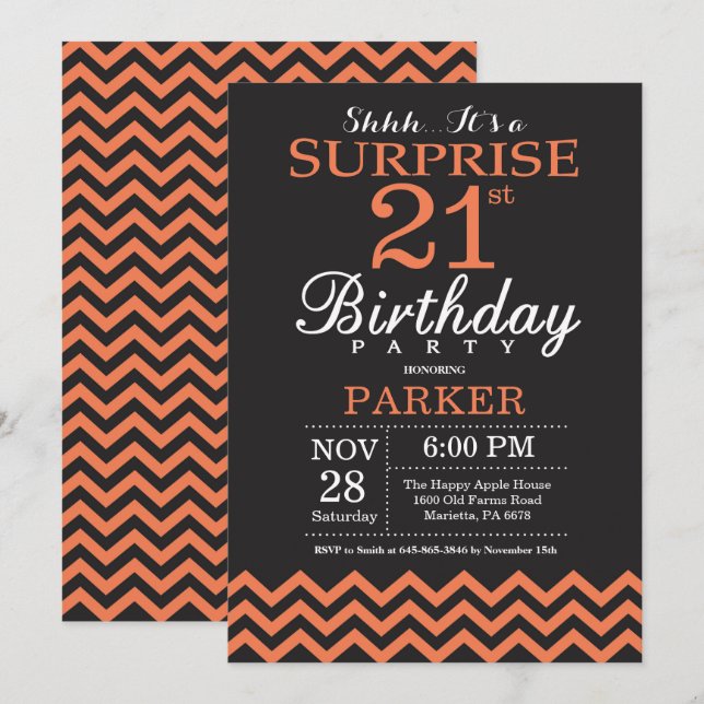 Invitation Surprise 21e anniversaire Black et Coral Chevron (Devant / Derrière)