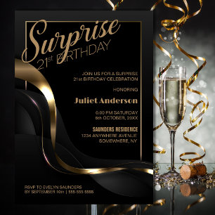 Invitation Surprise 21e anniversaire Black Gold Party Invitat