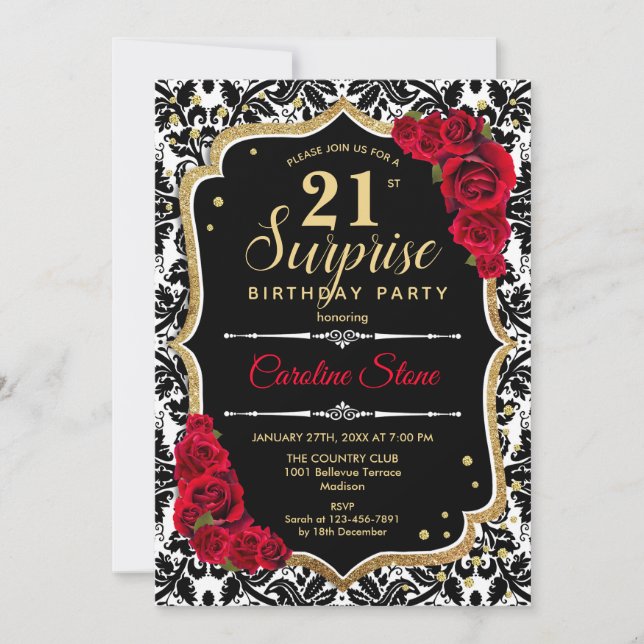 Invitation Surprise 21e anniversaire - Black Gold Red Invitat (Devant)