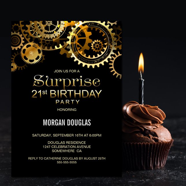 Invitation Surprise 21e anniversaire Black Gold Steampunk (Créateur téléchargé)