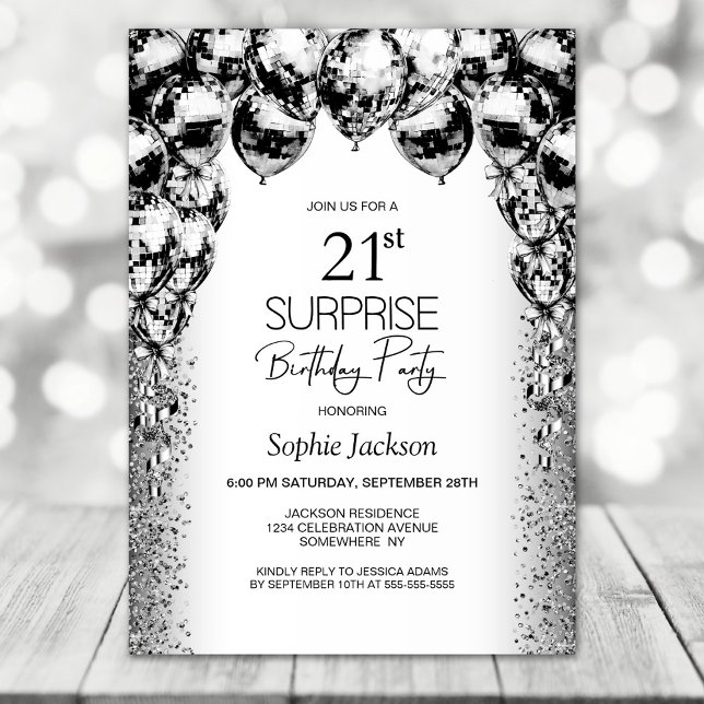 Invitation Surprise 21e anniversaire Black White Balloons Par (Créateur téléchargé)