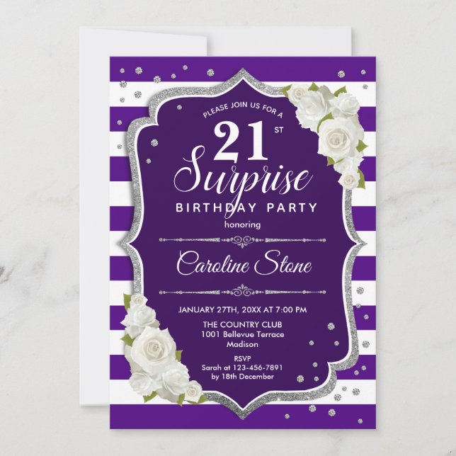 Invitation Surprise 21e anniversaire - Blanc d'argent violet (Devant)