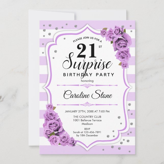 Invitation Surprise 21e anniversaire - Blanc pourpre (Devant)