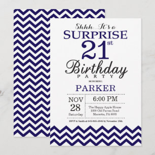 Invitation Surprise 21e Anniversaire Chevron Bleu Marine