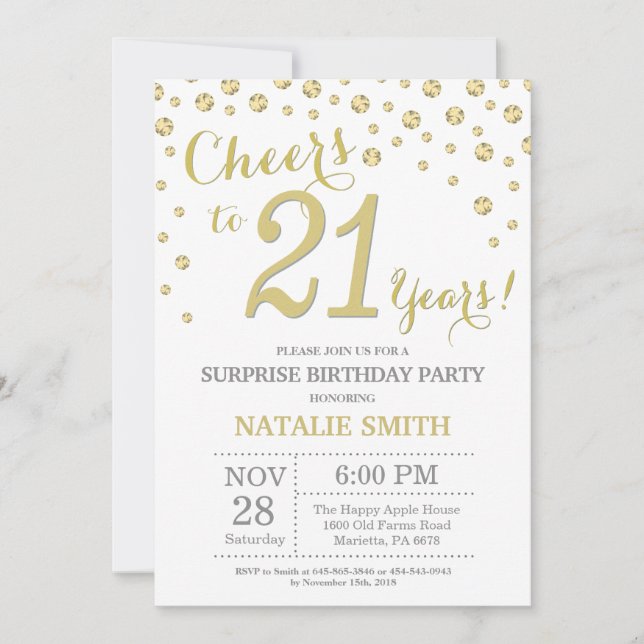 Invitation Surprise 21e anniversaire Gold Parties scintillant (Devant)